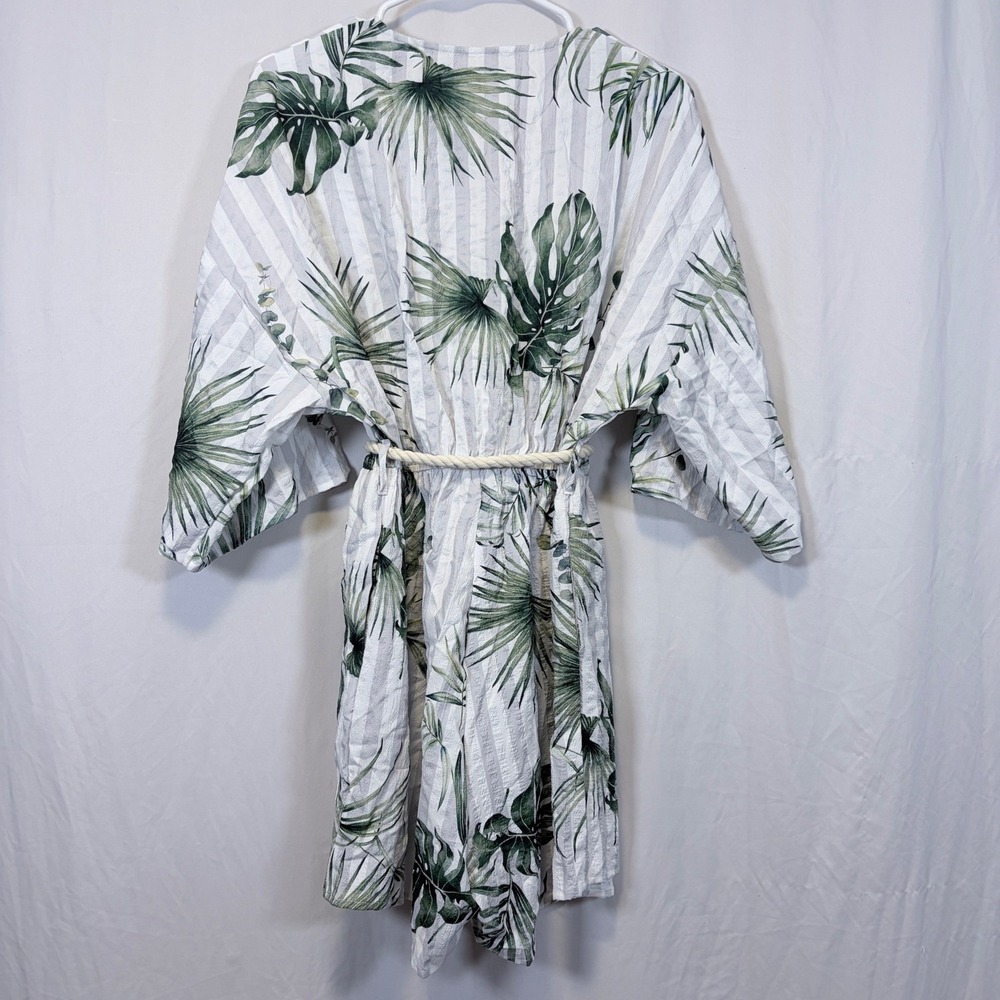 CUPSHE Cover Up Tropical Palm Leaf Striped Rope Belt Green White Size S - Picture 2 of 5